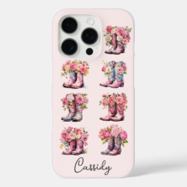花のモノグラム入りピンクカウガールブーツ iPhone 16 PROケース
