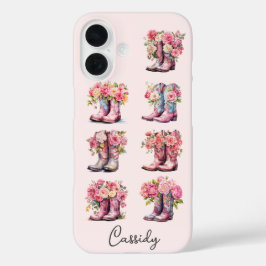 花のモノグラム入りピンクカウガールブーツ iPhone 16ケース