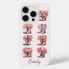 花のモノグラム入りピンクカウガールブーツ iPhone 15 PROケース