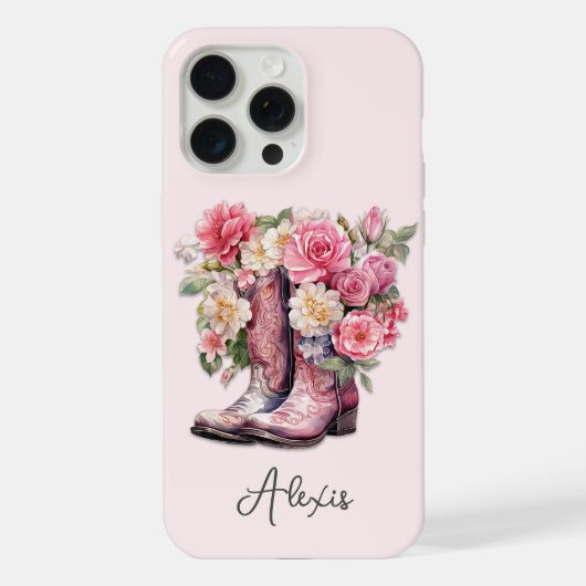 花のモノグラム入りピンクブーツ iPhoneケース (裏面)