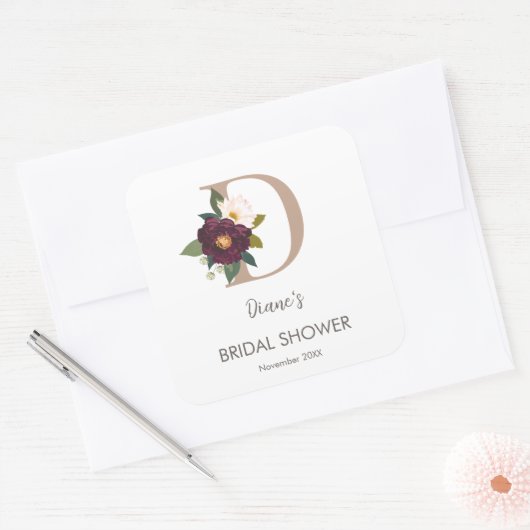 花のモノグラム文字D ブライダルシャワー スクエアシール (封筒)