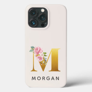 花のモノグラム ゴールドのイニシャルM 名前入り iPhone 13 PROケース