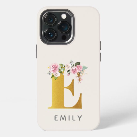 花のモノグラム ゴールドエフェクト 名前入り iPhoneケース (裏面)