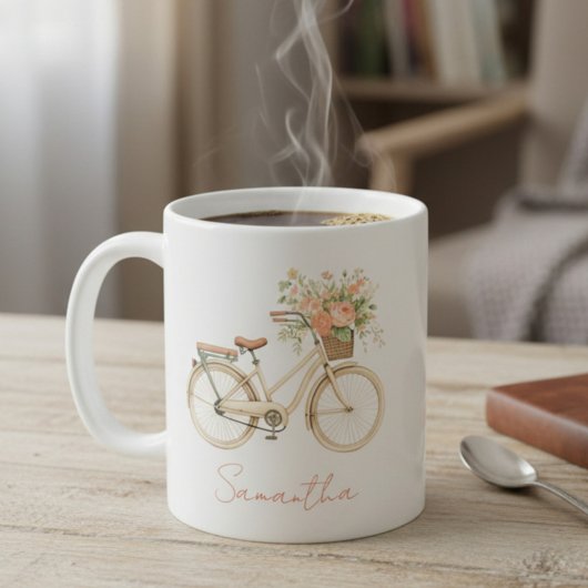 花のモノグラム ビンテージ自転車 コーヒーマグカップ