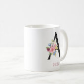 花のモノグラム 名前 A 黒ドット コーヒーマグカップ (正面右)