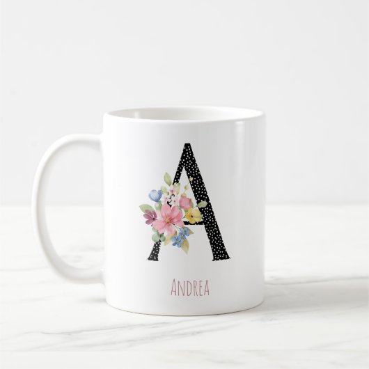 花のモノグラム 名前 A 黒ドット コーヒーマグカップ (左)