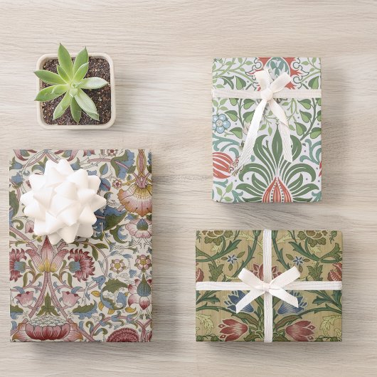 花のモリス・パターン 赤と青の花 ヴィンテージ ラッピングペーパーシート