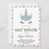 花のユニコーンのパステル調のベビーシャワー 招待状 (正面)