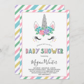 花のユニコーンのパステル調のベビーシャワー 招待状 (正面/裏面)