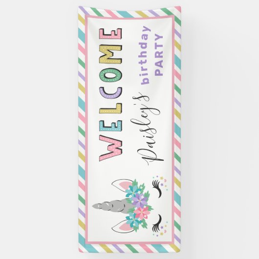 花のユニコーンのパステル調の誕生会の歓迎 横断幕 (縦)