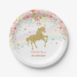 花のユニコーンのピンクの金ゴールドの虹の誕生日7"プレート ペーパープレート