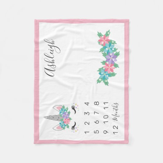 花のユニコーンのベビーの月例マイル標石 フリースブランケット (正面)