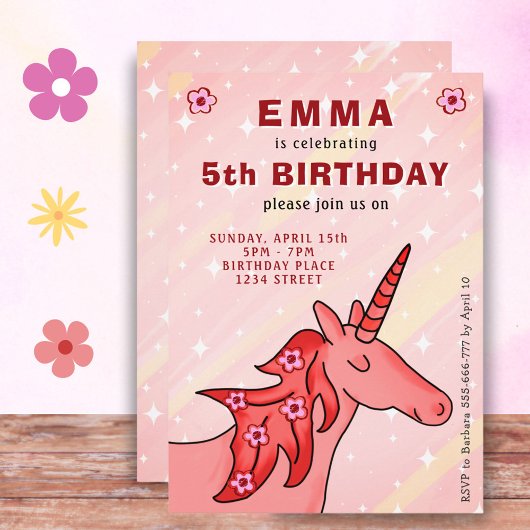 花のユニコーンの女の子の誕生日パーティー 招待状