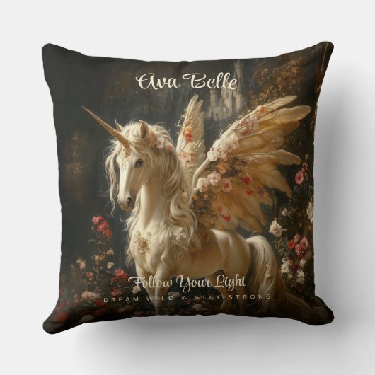 花のユニコーンの翼を持つ花の森の妖精 クッション (裏面)
