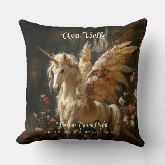 花のユニコーンの翼を持つ花の森の妖精 クッション (正面)