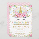 花のユニコーンの誕生日のピンクの金ゴールドのパーティーの招待 招待状 (正面/裏面)