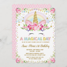 花のユニコーンの誕生日のピンクの金ゴールドのパーティーの招待