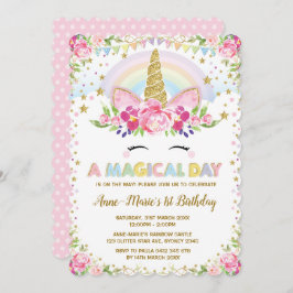 花のユニコーンの誕生日のピンクの金ゴールドのパーティーの招待 招待状