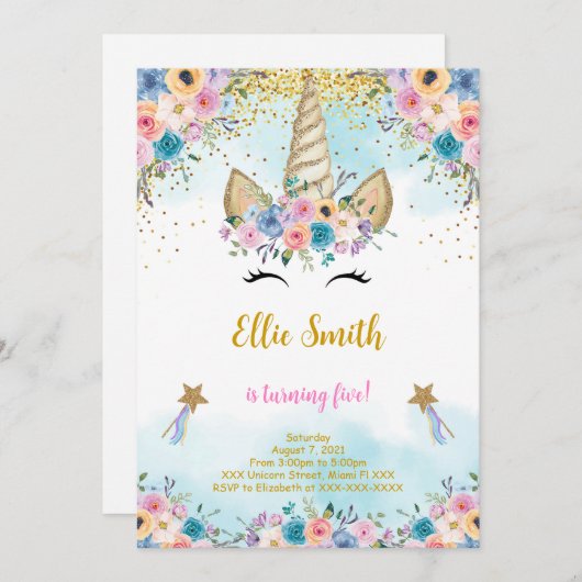 花のユニコーンの誕生日招待状 招待状 (正面/裏面)