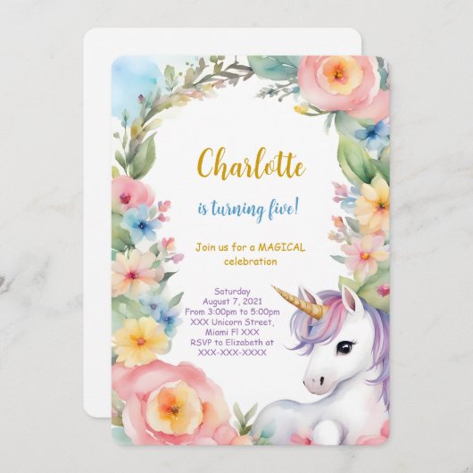 花のユニコーンの誕生日 招待状 (正面/裏面)