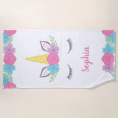 花のユニコーンの顔のパーソナライズな子供 ビーチタオル (正面)