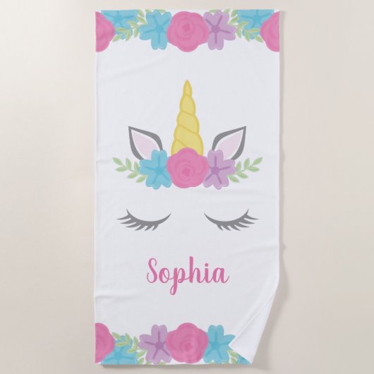 花のユニコーンの顔のパーソナライズな子供 ビーチタオル (正面)