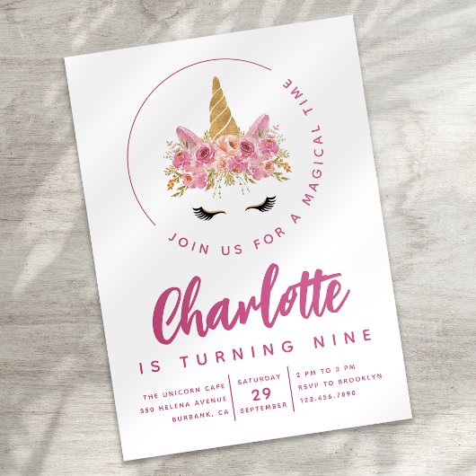 花のユニコーンの魔法の誕生日パーティー 招待状