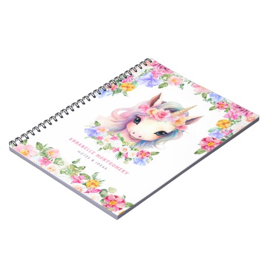 花のユニコーン 可愛い 女の子 カスタムネーム 子供 学校 ノートブック (左側)