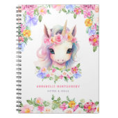 花のユニコーン 可愛い 女の子 カスタムネーム 子供 学校 ノートブック (正面)