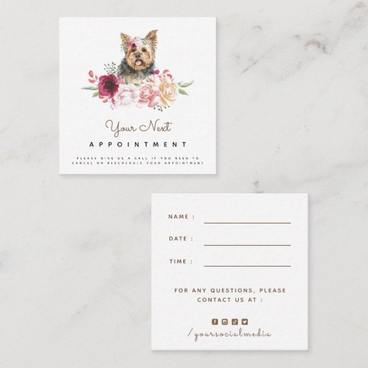 花のヨークシャーテリア犬の予約リマインダー スクエア名刺 (正面/裏面)