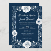 花のラインアートの白と青の結婚式招待状 招待状 (正面/裏面)