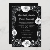 花のラインアート　白と黒の結婚式招待状 招待状 (正面/裏面)