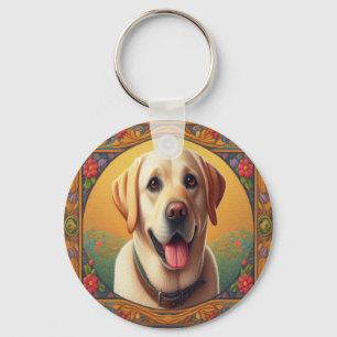 花のラブラドール・レトリーバー 犬 カラフルなボーダー キーホルダー