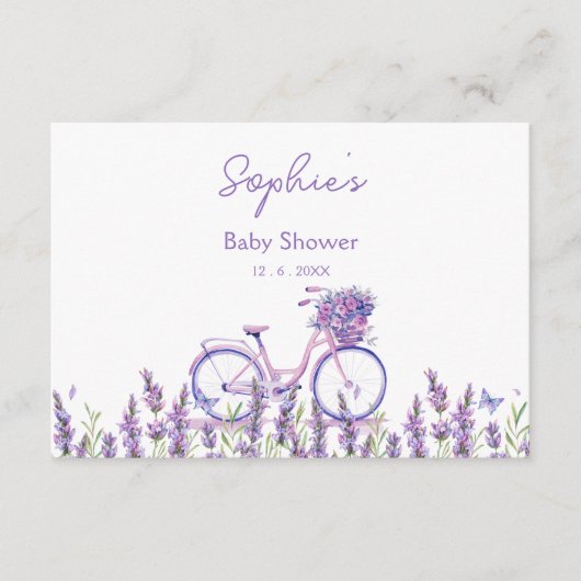 花のラベンダー自転車ベイビーシャワーアドバイスカード エンクロージャーカード (正面)