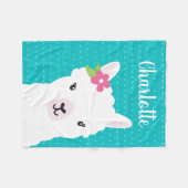 花のラマのアルパカのティール(緑がかった色)のパーソナライズな女の子 フリースブランケット (正面(横))