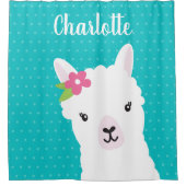 花のラマのアルパカのティール(緑がかった色)のパーソナライズな子供 シャワーカーテン (正面)