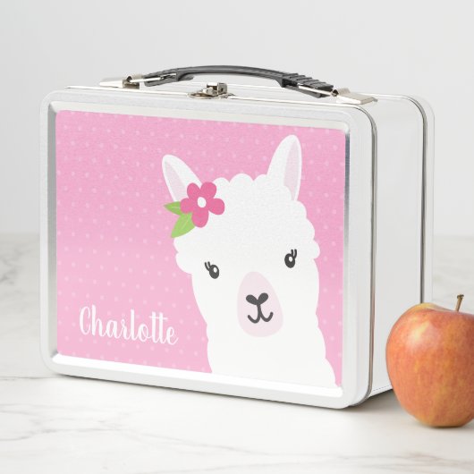 花のラマのアルパカのピンクのパーソナライズな女の子 メタルランチボックス (インサイチュ)