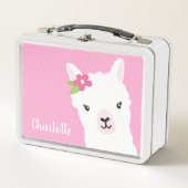 花のラマのアルパカのピンクのパーソナライズな女の子 メタルランチボックス (正面)