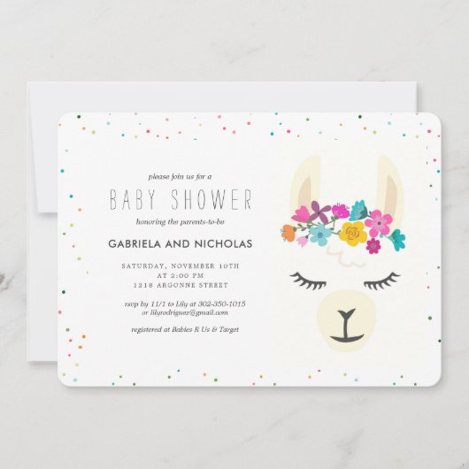 花のラマのベビーシャワーの招待状 招待状 (正面)