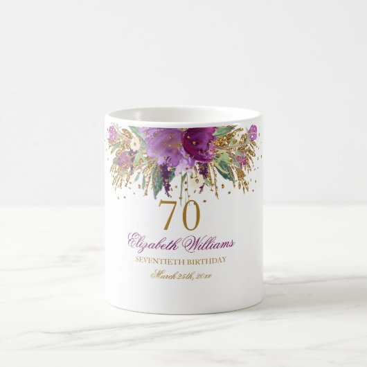 花のラメで輝くアメジストの70歳の誕生日 コーヒーマグカップ (中央)