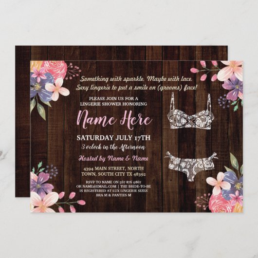 花のランジェリーのシャワーの招待のブライダルパーティ木 招待状 (正面/裏面)