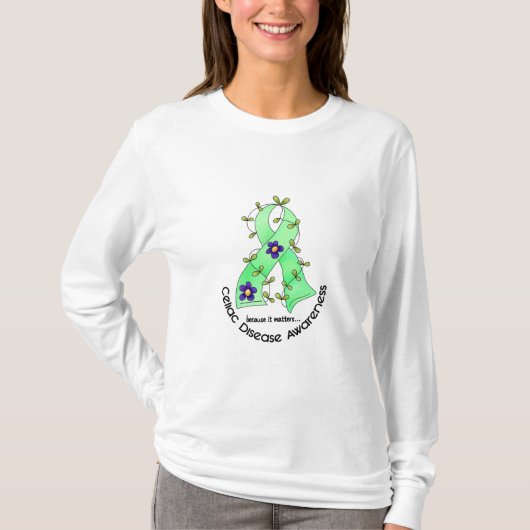 花のリボンのCELIAC病気の認識度のTシャツ Tシャツ (正面)