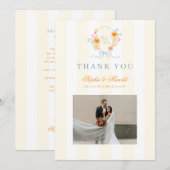 花のリボン紋章モノグラム 春の結婚式 サンキューカード (正面/裏面)