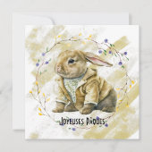 花のリースのイースターウサギの服 シーズンカード (正面)