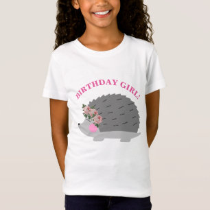 花のリースのハリネズミの誕生日の女の子のTシャツ Tシャツ