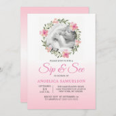 花のリースのピンクSIPは及び女の子|の写真を見ます 招待状 (正面/裏面)