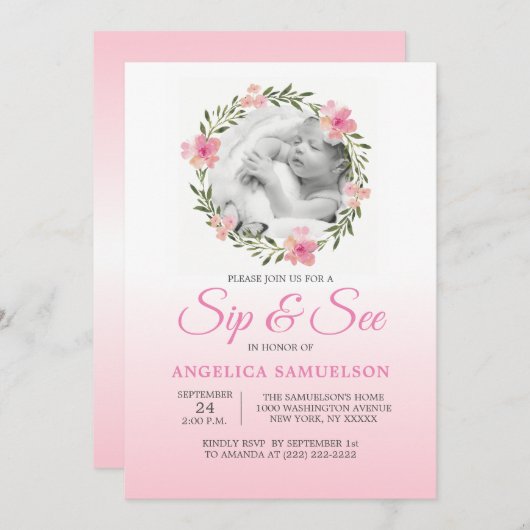 花のリースのピンクSIPは及び女の子|の写真を見ます 招待状 (正面/裏面)