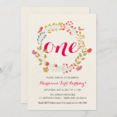 花のリースのベビーの最初誕生日の招待 招待状 (正面/裏面)