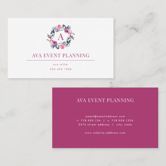 花のリースのモノグラムの水彩画の名刺 名刺 (正面/裏面)