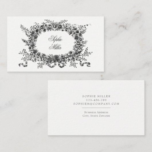 花のリースの名刺の白黒のヴィンテージ 名刺 (正面/裏面)